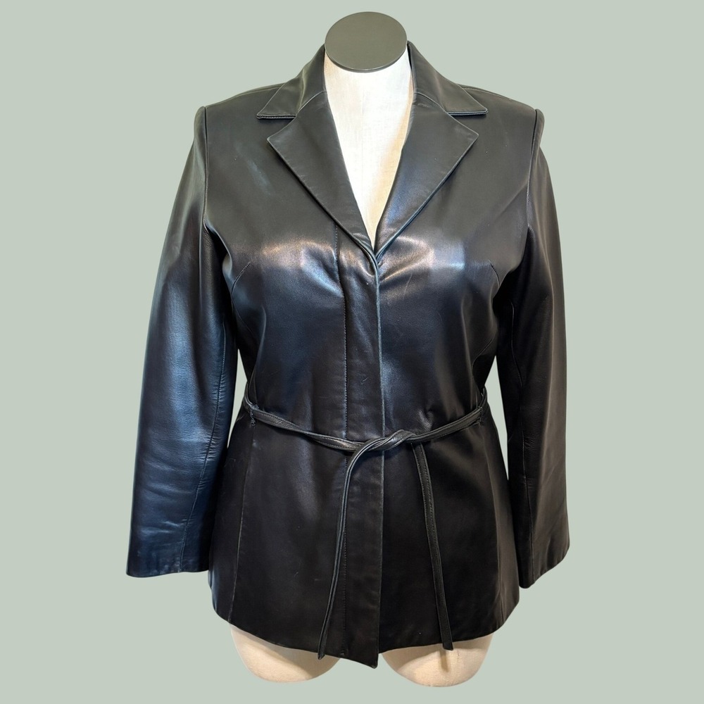 katherine kelly Blk Leather Blazer Jacket Medium Belted Zip Cuffs Edgy Chic 90's